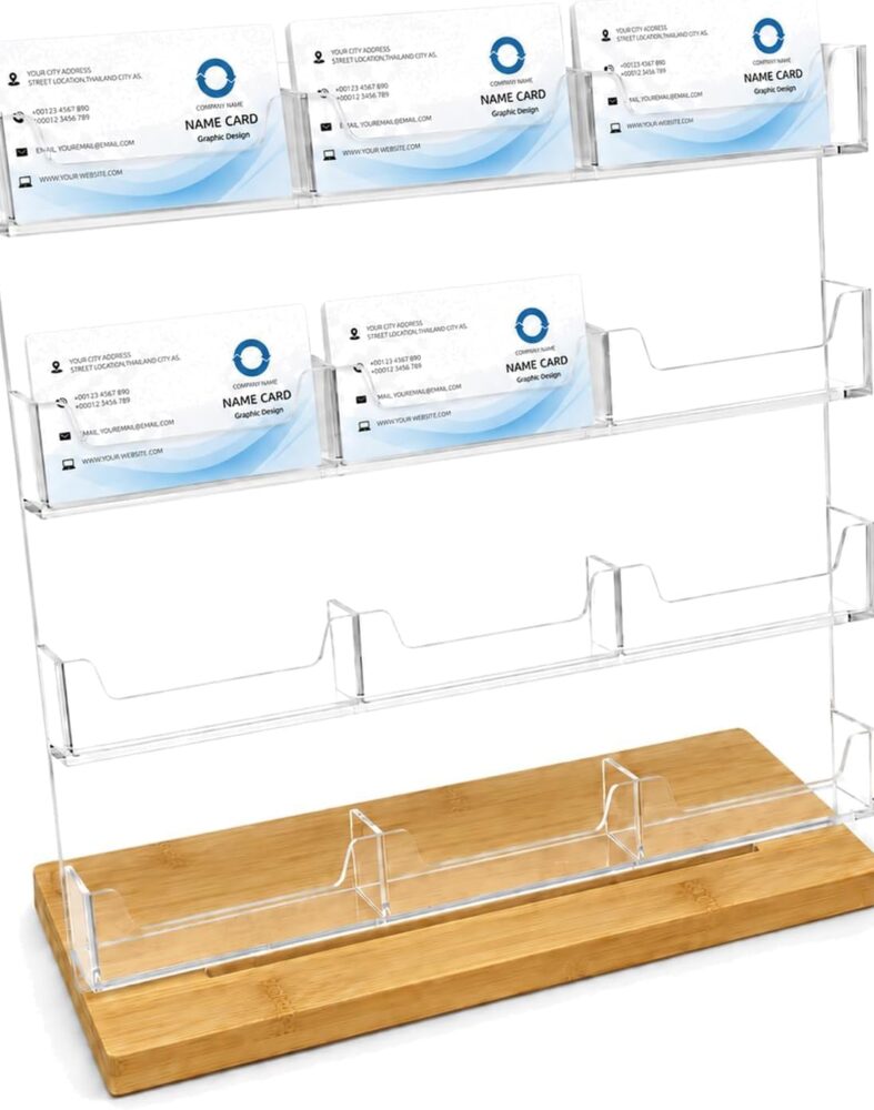Acrylic Business Card Display Stand with Bamboo Base, 4 Tier Organizer
